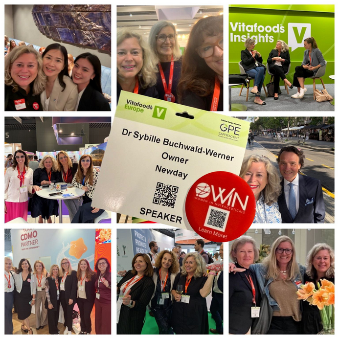 Collage of professionals at Vitafoods Insights event, including networking and speaker badge