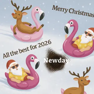 Cartoon Santa and reindeer on flamingo floats in snow, Merry Christmas message