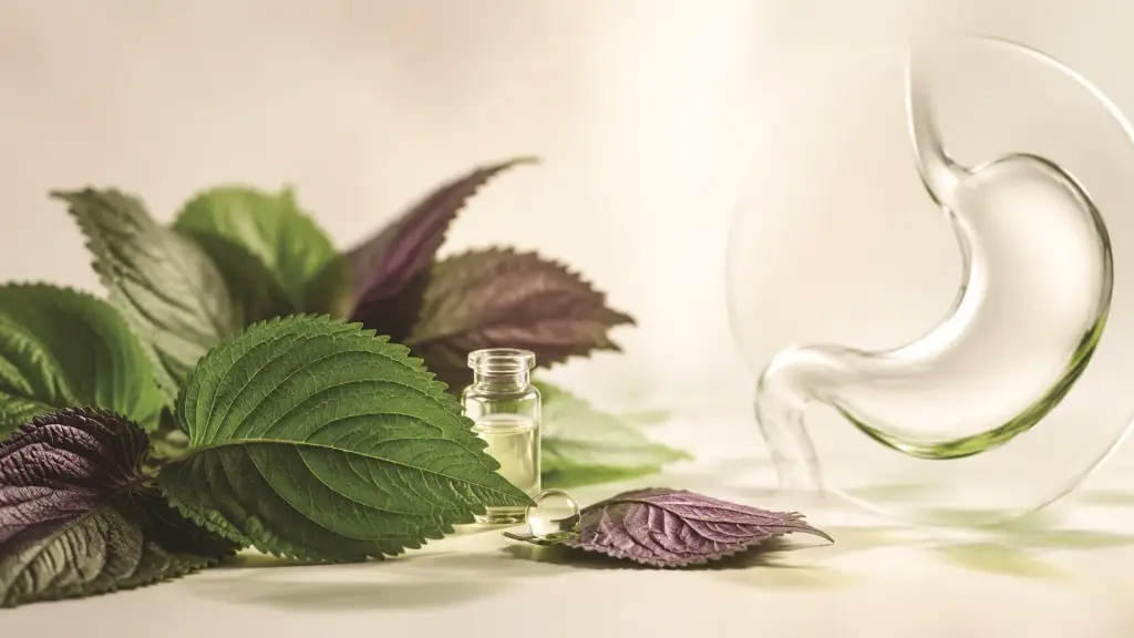 Perilla leaves with essential oil bottle and stomach-shaped glass sculpture